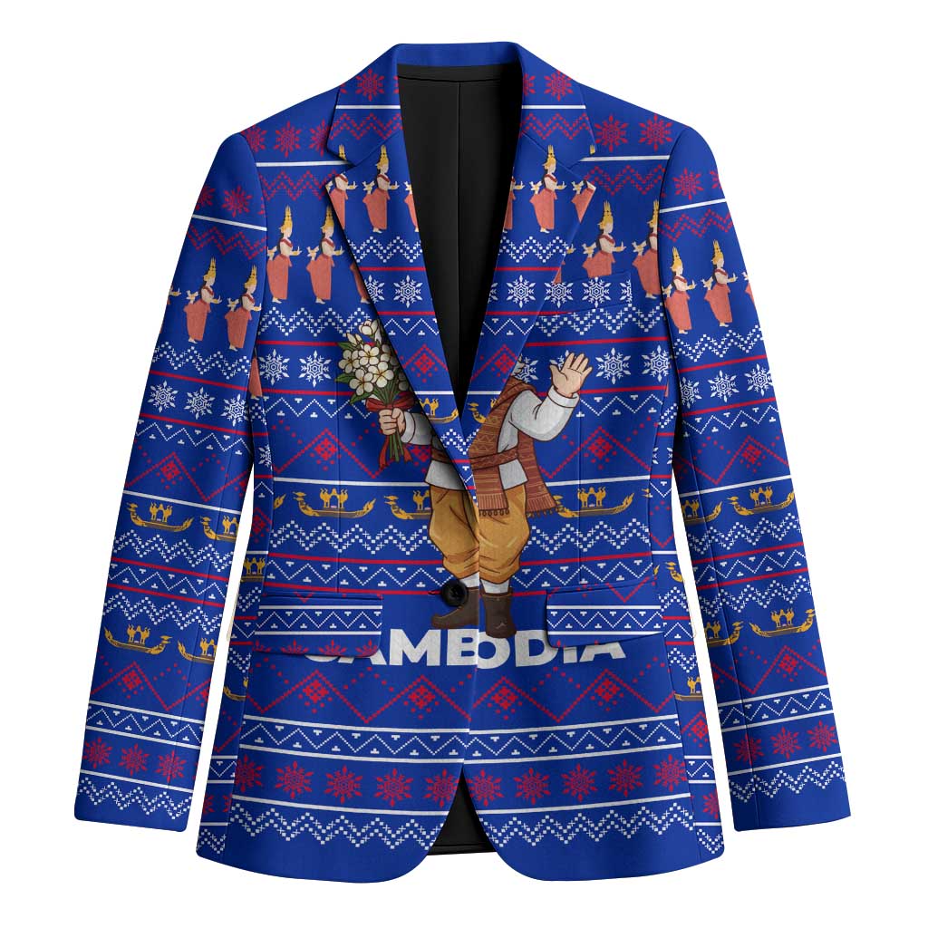 Cambodia Christmas Blazer with Santa in Traditional Outfit Elephant Dancers and Snowflake Pattern - Wonder Print Shop
