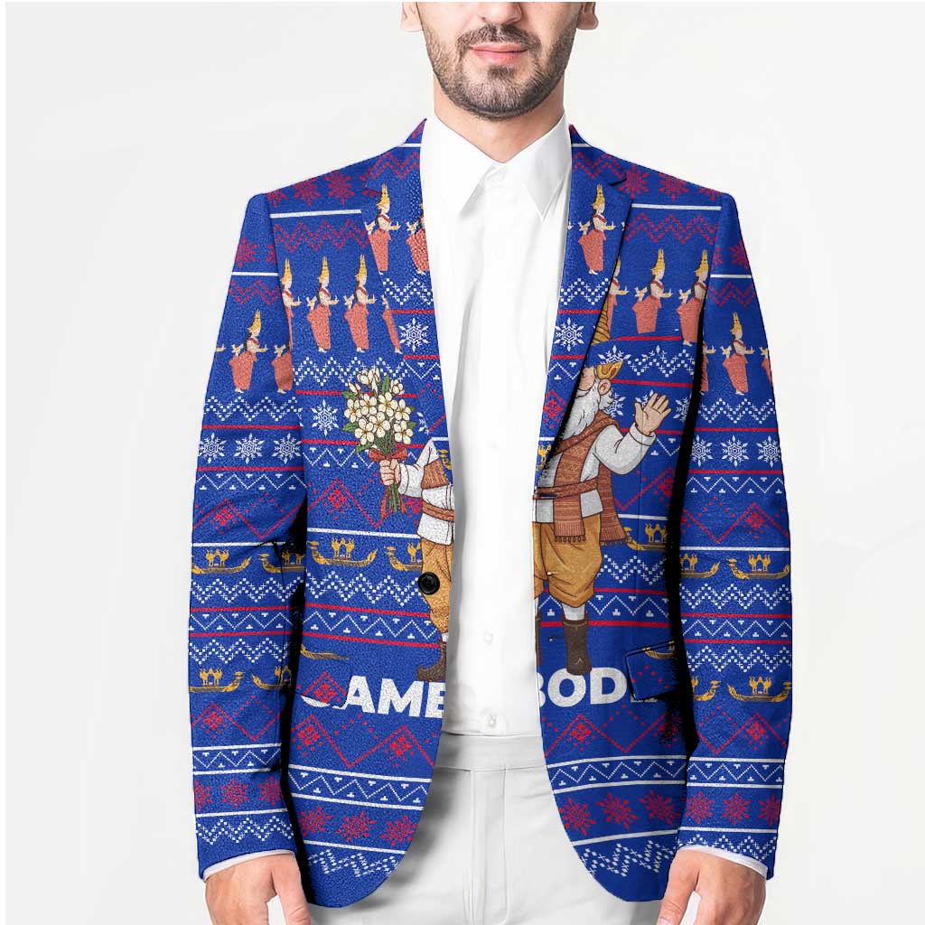Cambodia Christmas Blazer with Santa in Traditional Outfit Elephant Dancers and Snowflake Pattern - Wonder Print Shop