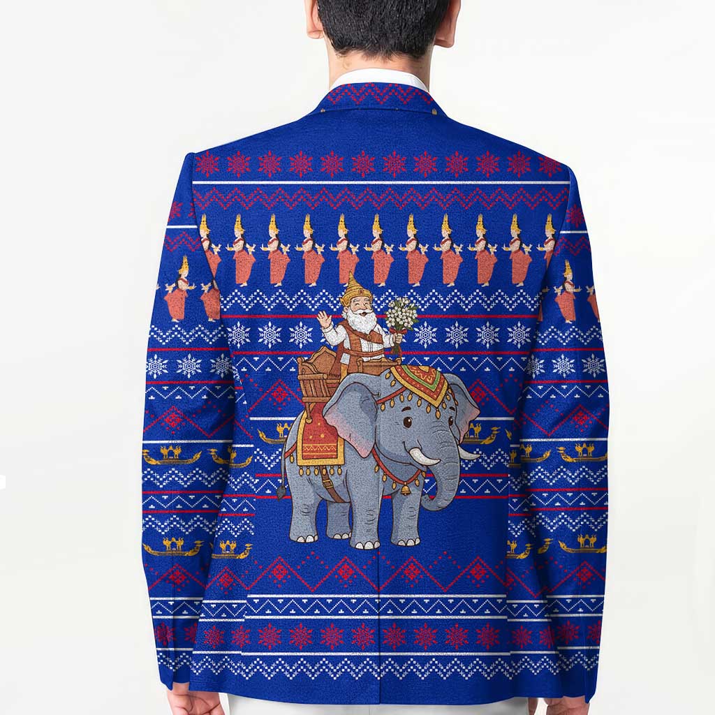 Cambodia Christmas Blazer with Santa in Traditional Outfit Elephant Dancers and Snowflake Pattern - Wonder Print Shop