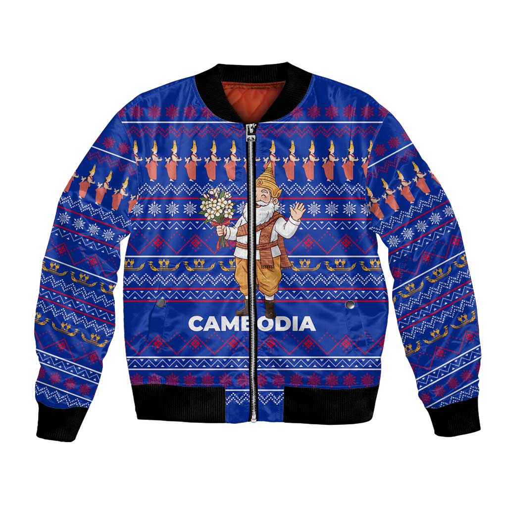 Cambodia Christmas Bomber Jacket with Santa in Traditional Outfit Elephant Dancers and Snowflake Pattern - Wonder Print Shop