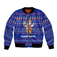 Cambodia Christmas Bomber Jacket with Santa in Traditional Outfit Elephant Dancers and Snowflake Pattern - Wonder Print Shop