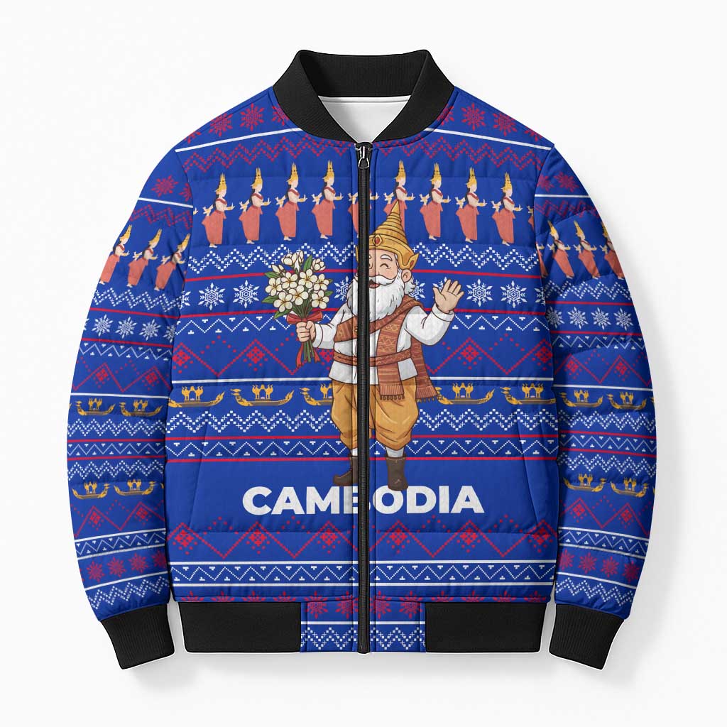 Cambodia Christmas Bomber Puffer Jacket with Santa in Traditional Outfit Elephant Dancers and Snowflake Pattern - Wonder Print Shop