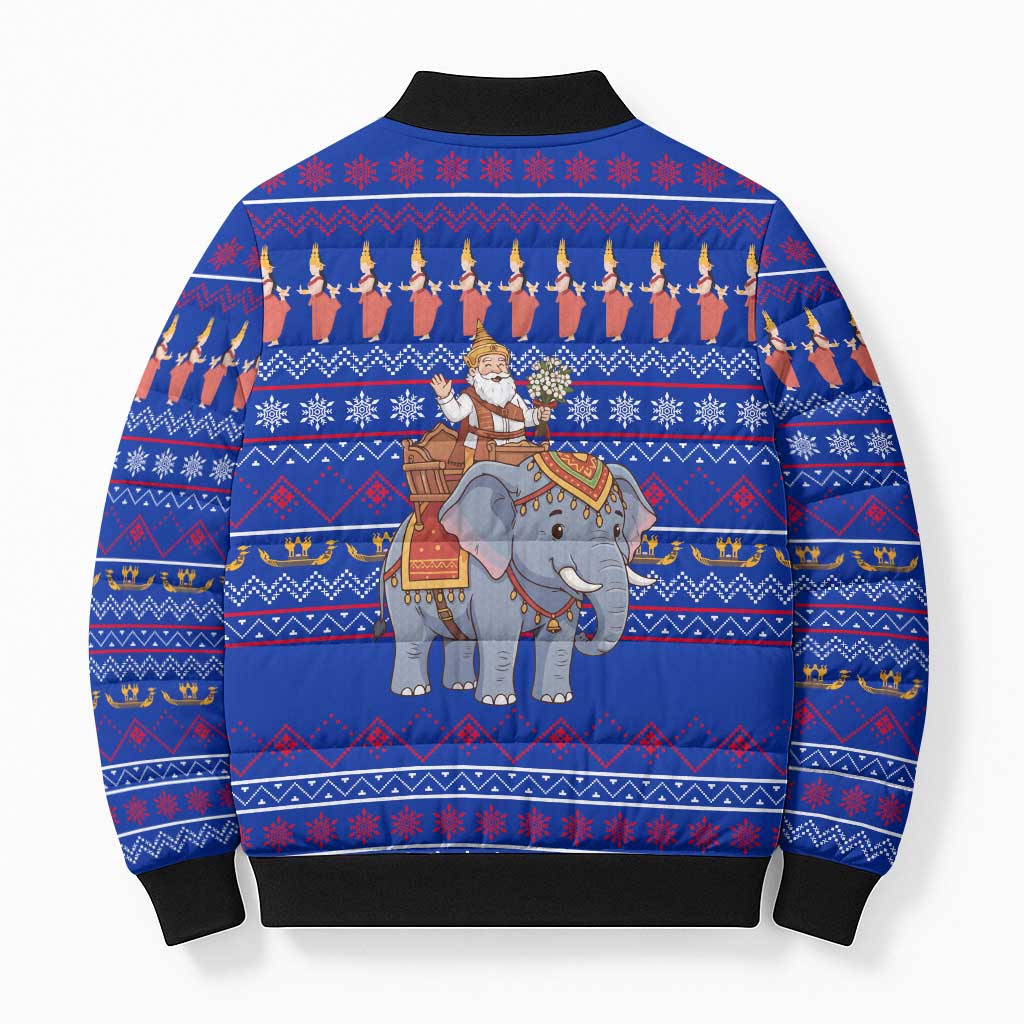Cambodia Christmas Bomber Puffer Jacket with Santa in Traditional Outfit Elephant Dancers and Snowflake Pattern - Wonder Print Shop