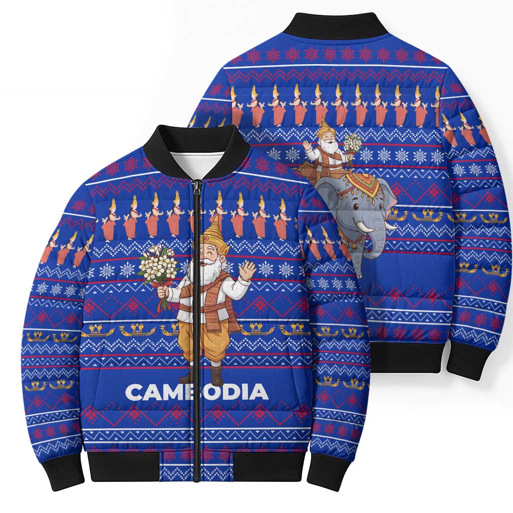 Cambodia Christmas Bomber Puffer Jacket with Santa in Traditional Outfit Elephant Dancers and Snowflake Pattern - Wonder Print Shop