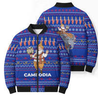 Cambodia Christmas Bomber Puffer Jacket with Santa in Traditional Outfit Elephant Dancers and Snowflake Pattern - Wonder Print Shop
