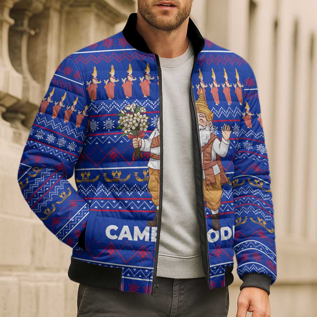 Cambodia Christmas Bomber Puffer Jacket with Santa in Traditional Outfit Elephant Dancers and Snowflake Pattern - Wonder Print Shop