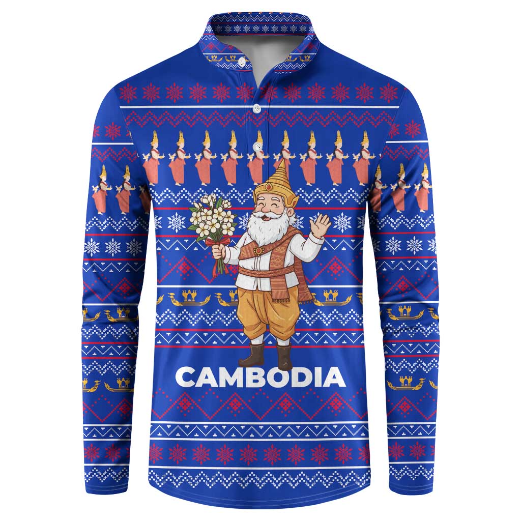 Cambodia Christmas Button Sweatshirt with Santa in Traditional Outfit Elephant Dancers and Snowflake Pattern - Wonder Print Shop