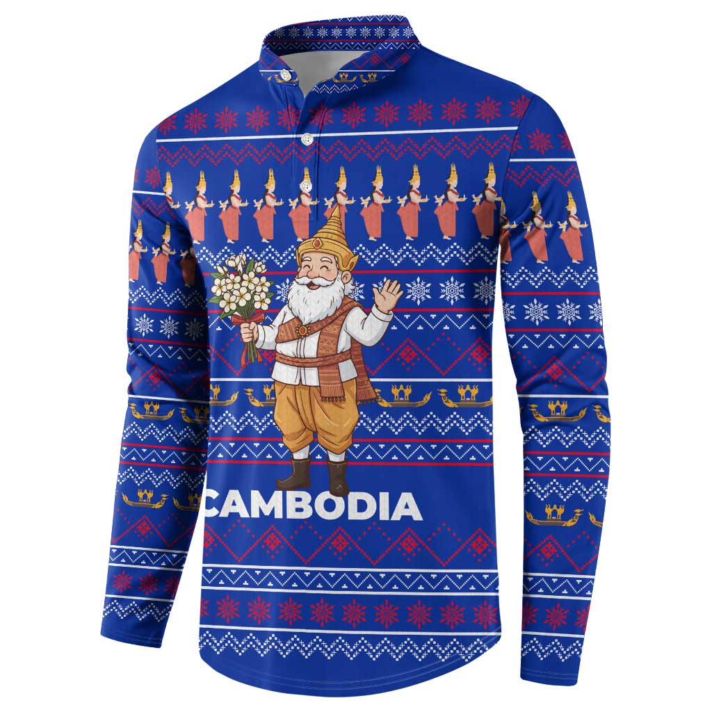 Cambodia Christmas Button Sweatshirt with Santa in Traditional Outfit Elephant Dancers and Snowflake Pattern - Wonder Print Shop