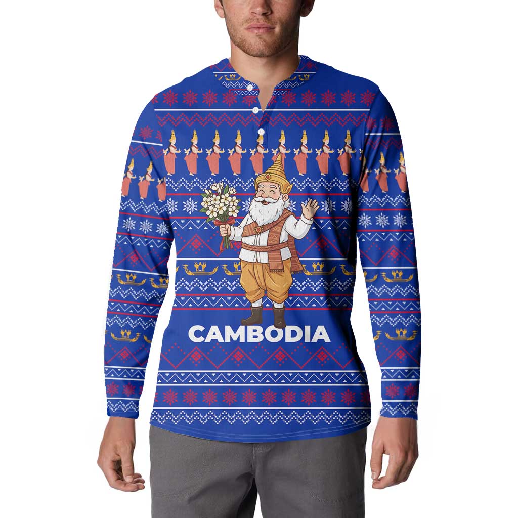 Cambodia Christmas Button Sweatshirt with Santa in Traditional Outfit Elephant Dancers and Snowflake Pattern - Wonder Print Shop