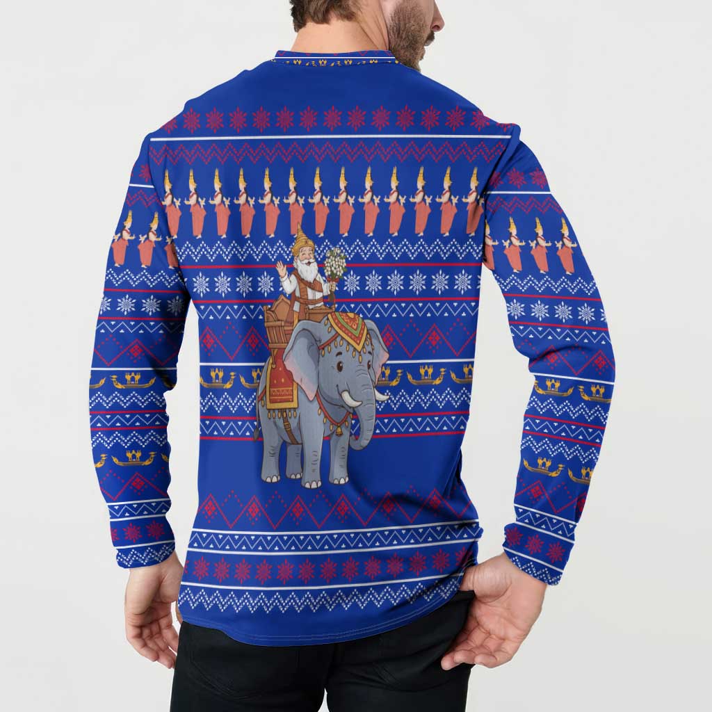 Cambodia Christmas Button Sweatshirt with Santa in Traditional Outfit Elephant Dancers and Snowflake Pattern - Wonder Print Shop