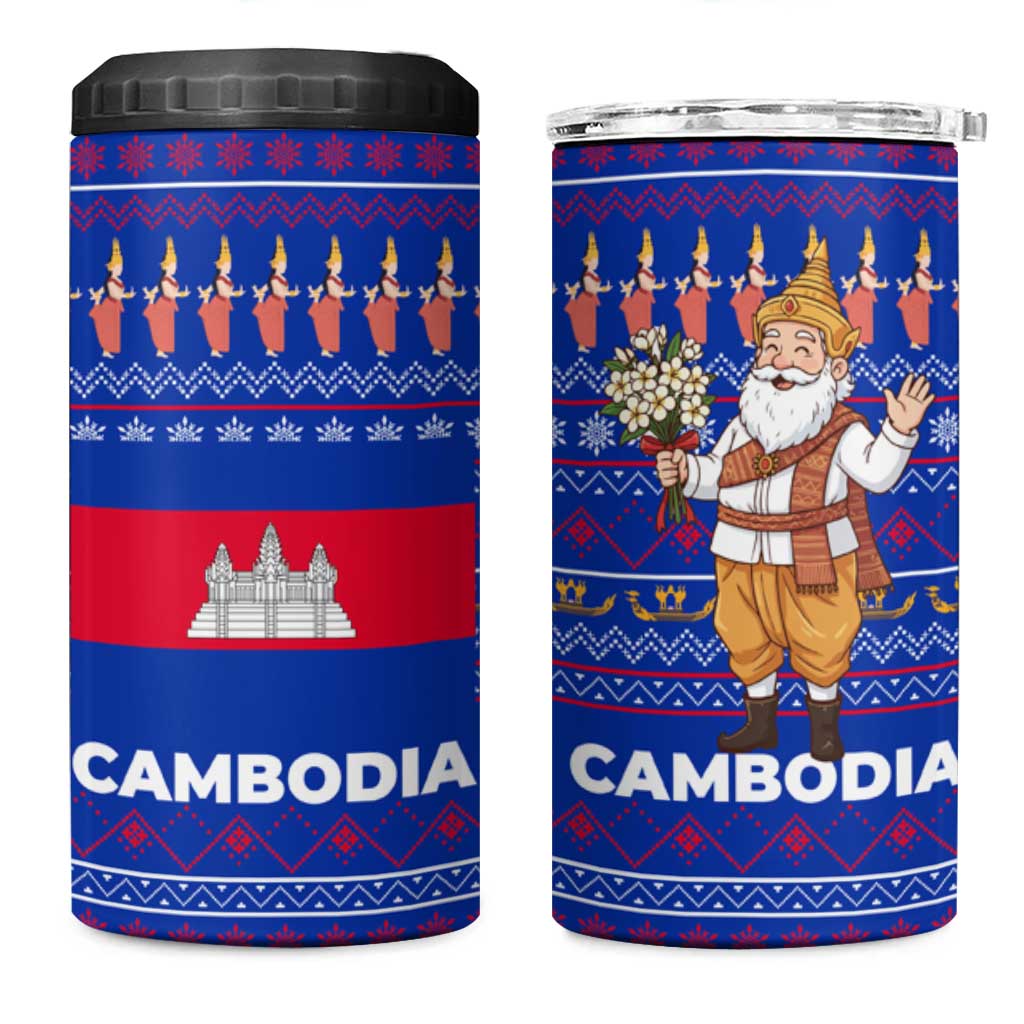 Cambodia Christmas 4 in 1 Can Cooler Tumbler with Santa in Traditional Outfit Elephant Dancers and Snowflake Pattern - Wonder Print Shop