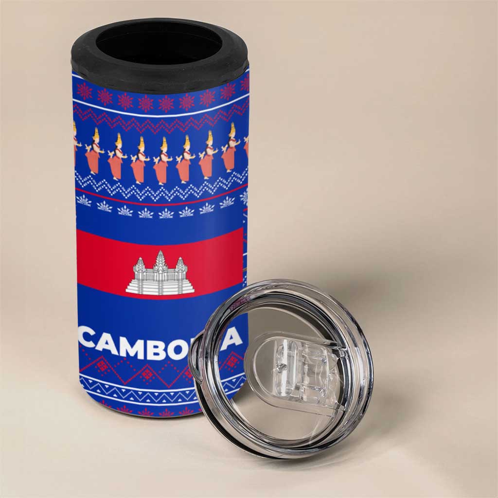 Cambodia Christmas 4 in 1 Can Cooler Tumbler with Santa in Traditional Outfit Elephant Dancers and Snowflake Pattern - Wonder Print Shop