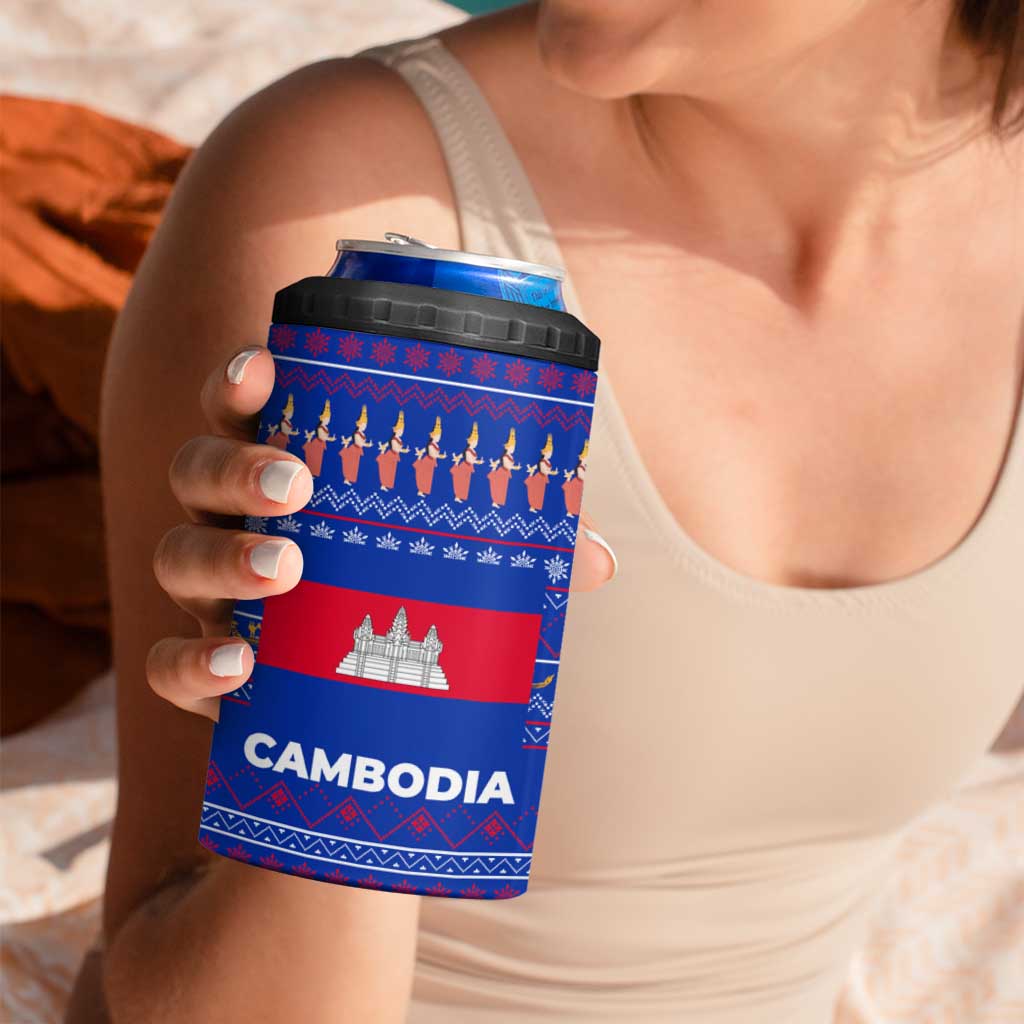 Cambodia Christmas 4 in 1 Can Cooler Tumbler with Santa in Traditional Outfit Elephant Dancers and Snowflake Pattern - Wonder Print Shop