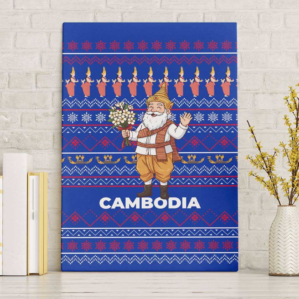 Cambodia Christmas Canvas Wall Art with Santa in Traditional Outfit Elephant Dancers and Snowflake Pattern - Wonder Print Shop