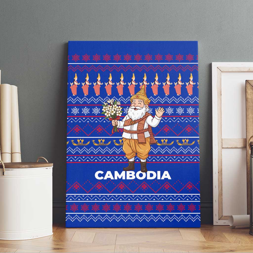 Cambodia Christmas Canvas Wall Art with Santa in Traditional Outfit Elephant Dancers and Snowflake Pattern - Wonder Print Shop