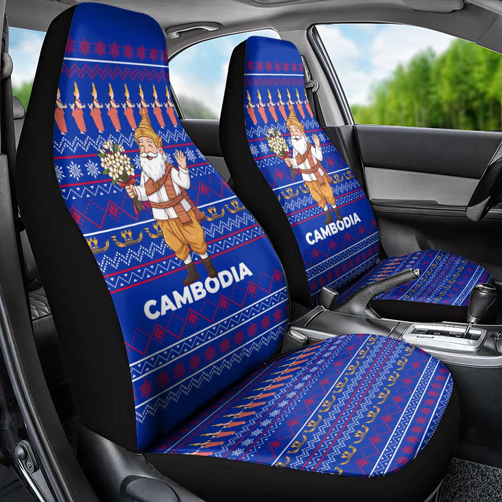 Cambodia Christmas Car Seat Cover with Santa in Traditional Outfit Elephant Dancers and Snowflake Pattern - Wonder Print Shop