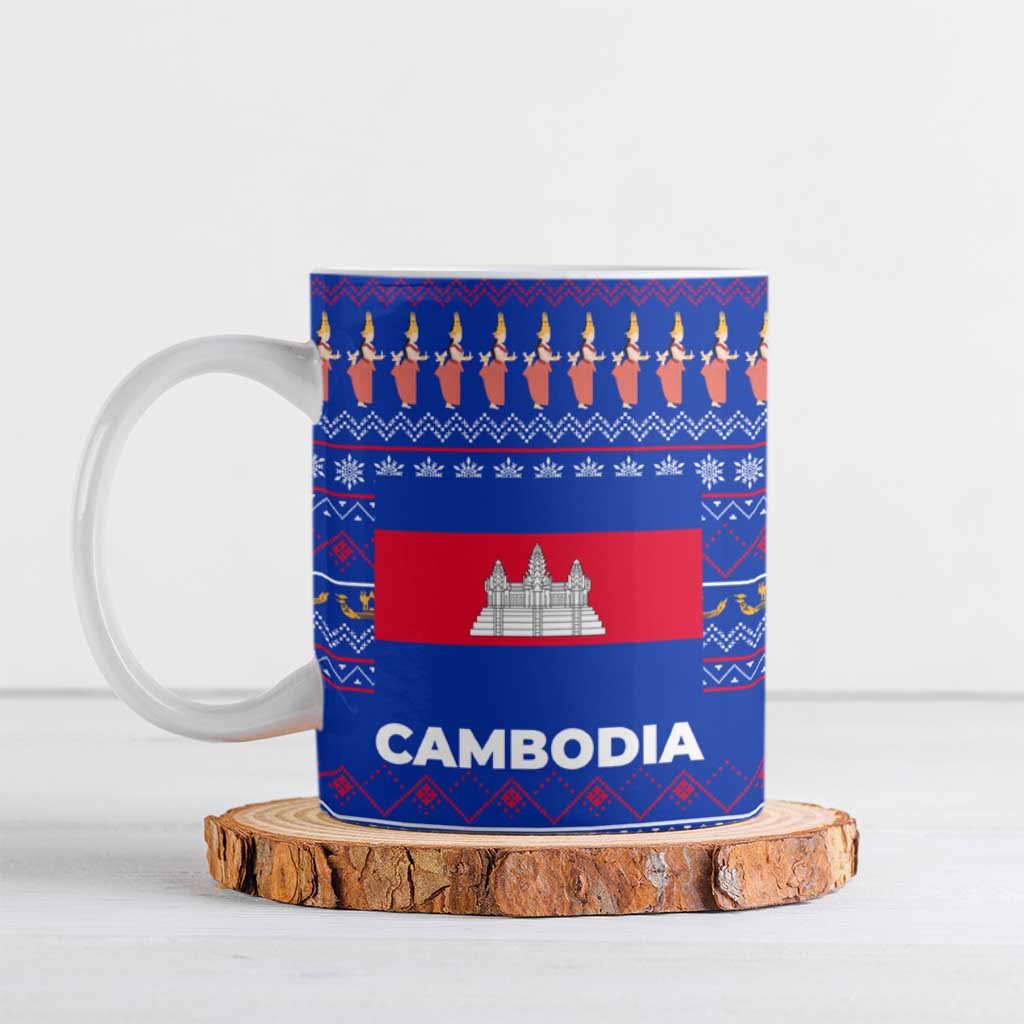 Cambodia Christmas Ceramic Mug with Santa in Traditional Outfit Elephant Dancers and Snowflake Pattern - Wonder Print Shop