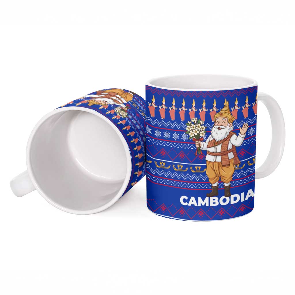 Cambodia Christmas Ceramic Mug with Santa in Traditional Outfit Elephant Dancers and Snowflake Pattern - Wonder Print Shop