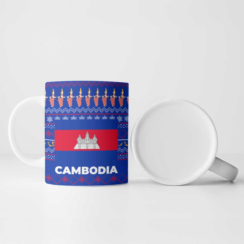 Cambodia Christmas Ceramic Mug with Santa in Traditional Outfit Elephant Dancers and Snowflake Pattern - Wonder Print Shop