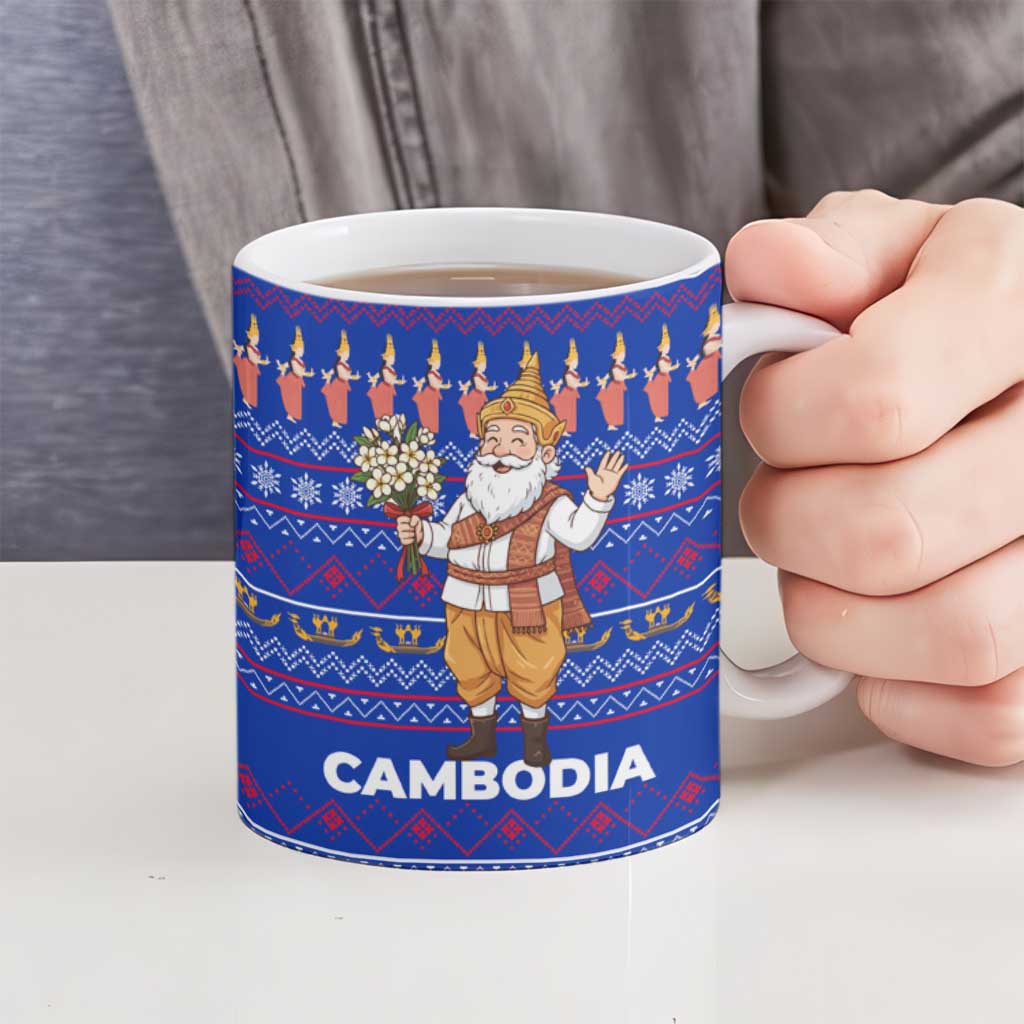 Cambodia Christmas Ceramic Mug with Santa in Traditional Outfit Elephant Dancers and Snowflake Pattern - Wonder Print Shop