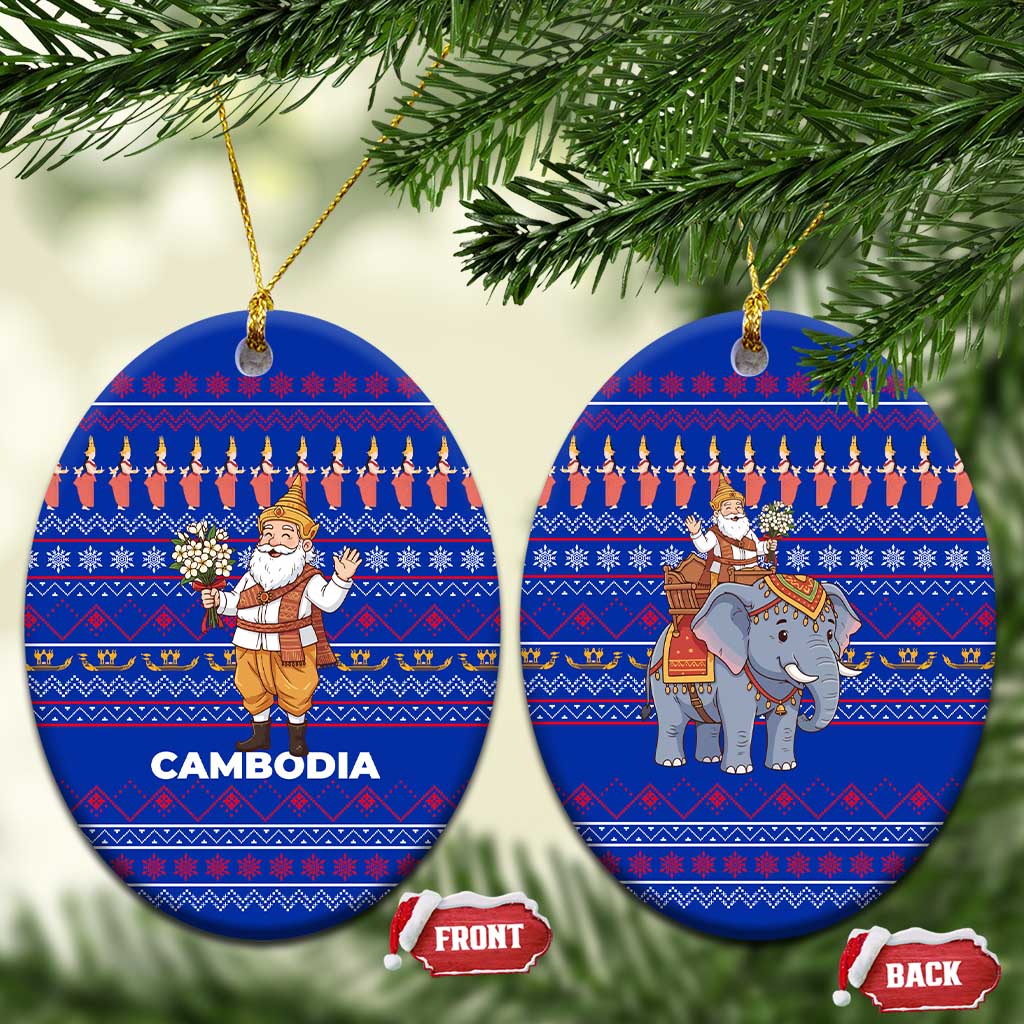 Cambodia Christmas Ceramic Ornament with Santa in Traditional Outfit Elephant Dancers and Snowflake Pattern - Wonder Print Shop