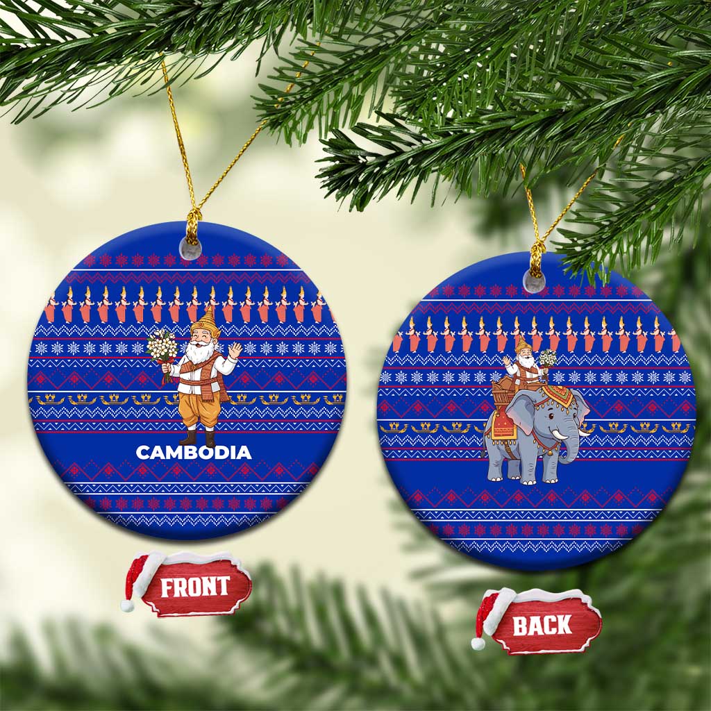 Cambodia Christmas Ceramic Ornament with Santa in Traditional Outfit Elephant Dancers and Snowflake Pattern - Wonder Print Shop