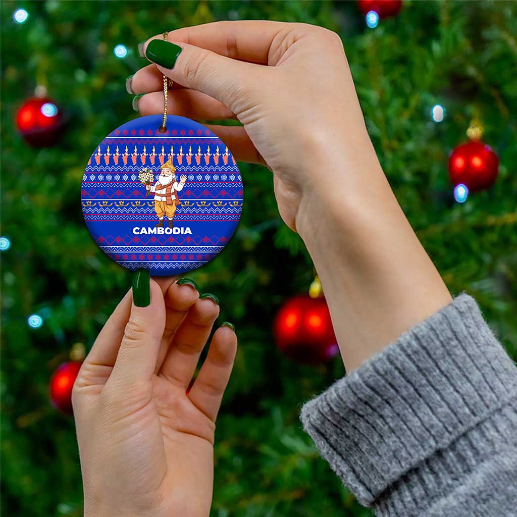 Cambodia Christmas Ceramic Ornament with Santa in Traditional Outfit Elephant Dancers and Snowflake Pattern - Wonder Print Shop
