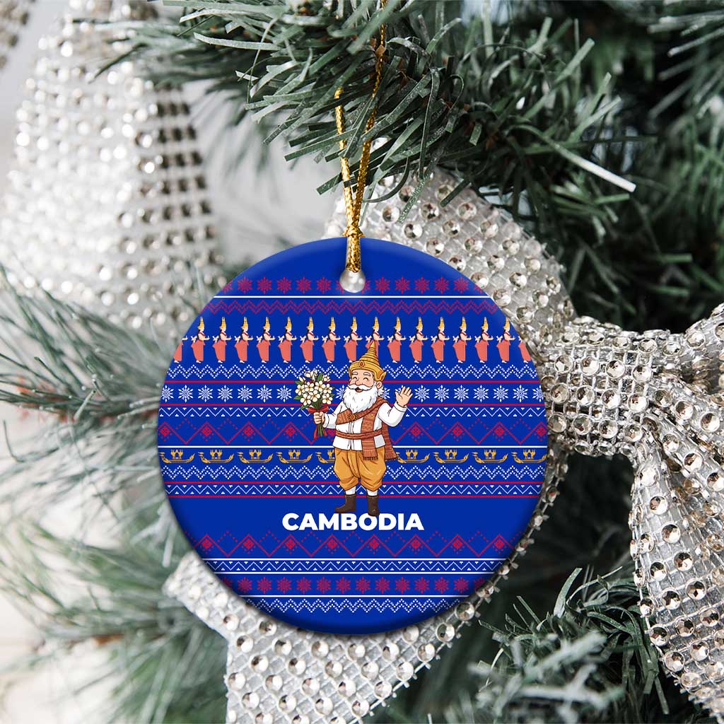 Cambodia Christmas Ceramic Ornament with Santa in Traditional Outfit Elephant Dancers and Snowflake Pattern - Wonder Print Shop