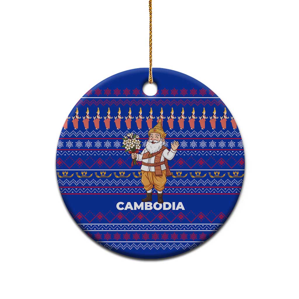 Cambodia Christmas Ceramic Ornament with Santa in Traditional Outfit Elephant Dancers and Snowflake Pattern - Wonder Print Shop