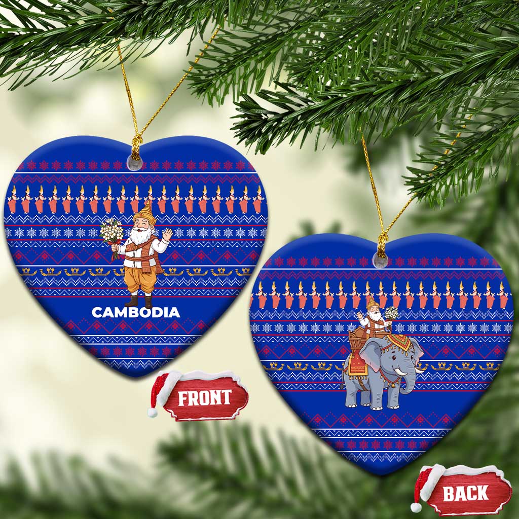 Cambodia Christmas Ceramic Ornament with Santa in Traditional Outfit Elephant Dancers and Snowflake Pattern - Wonder Print Shop