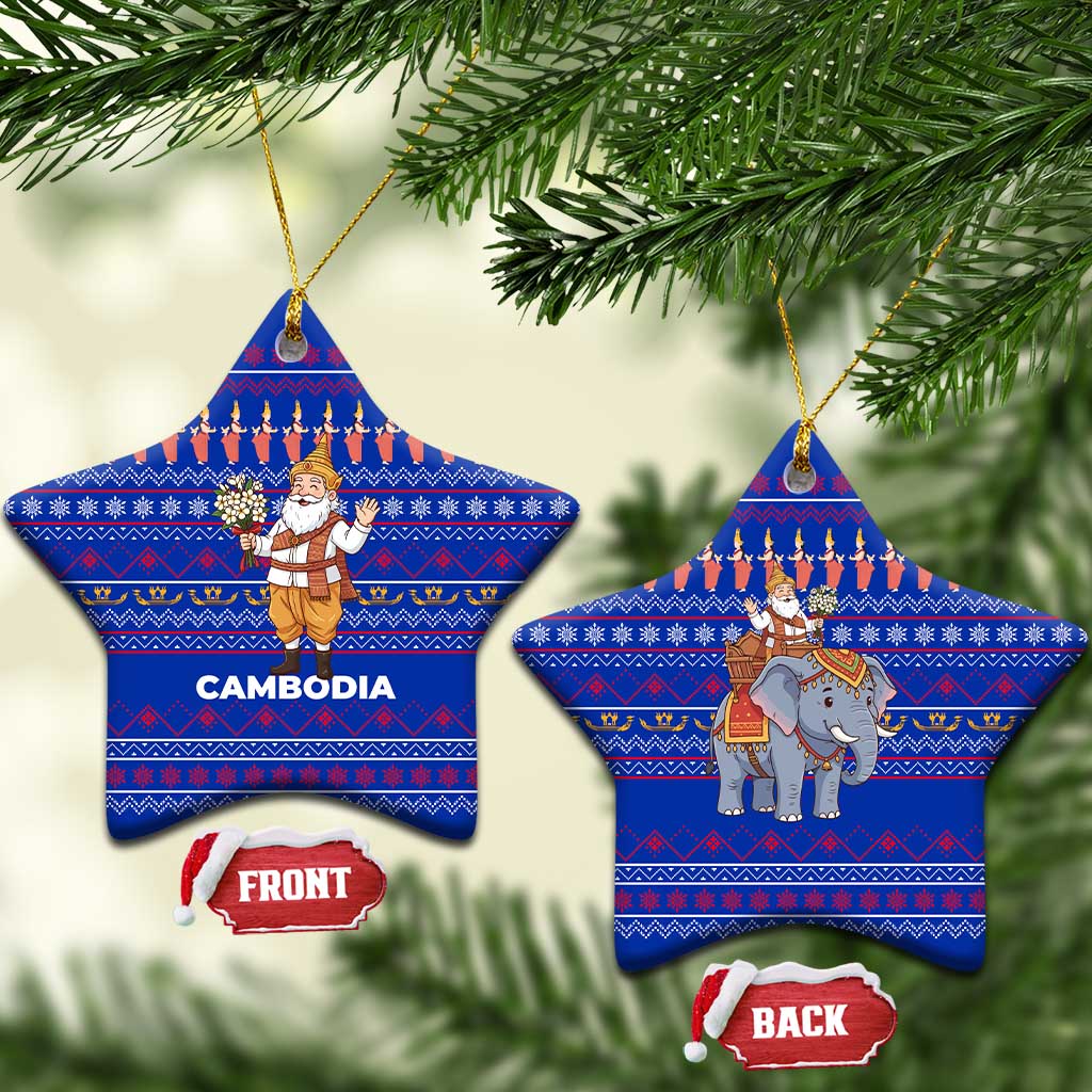 Cambodia Christmas Ceramic Ornament with Santa in Traditional Outfit Elephant Dancers and Snowflake Pattern - Wonder Print Shop