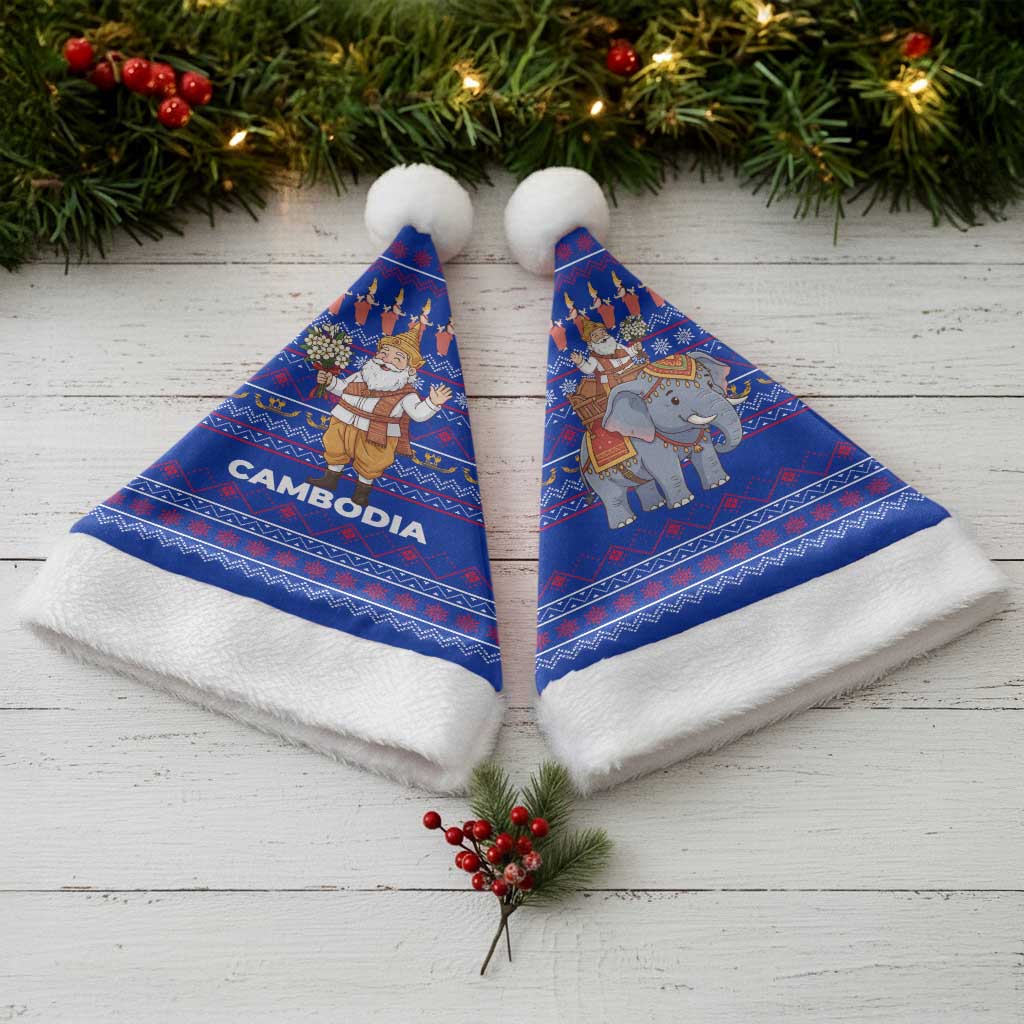 Cambodia Christmas Santa Hat with Santa in Traditional Outfit Elephant Dancers and Snowflake Pattern - Wonder Print Shop