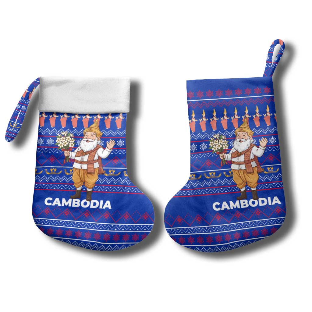 Cambodia Christmas Stocking with Santa in Traditional Outfit Elephant Dancers and Snowflake Pattern - Wonder Print Shop