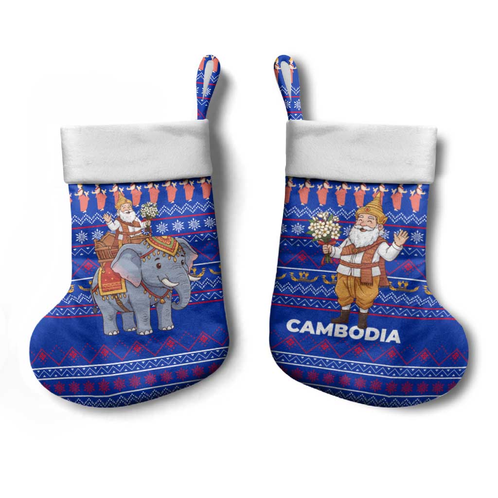 Cambodia Christmas Stocking with Santa in Traditional Outfit Elephant Dancers and Snowflake Pattern - Wonder Print Shop