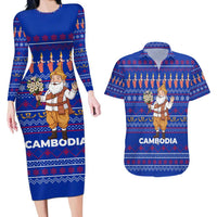 Cambodia Christmas Couples Matching Long Sleeve Bodycon Dress and Hawaiian Shirt with Santa in Traditional Outfit Elephant Dancers and Snowflake Pattern - Wonder Print Shop