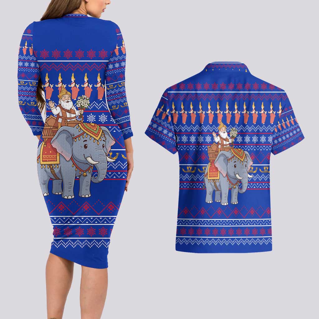 Cambodia Christmas Couples Matching Long Sleeve Bodycon Dress and Hawaiian Shirt with Santa in Traditional Outfit Elephant Dancers and Snowflake Pattern - Wonder Print Shop