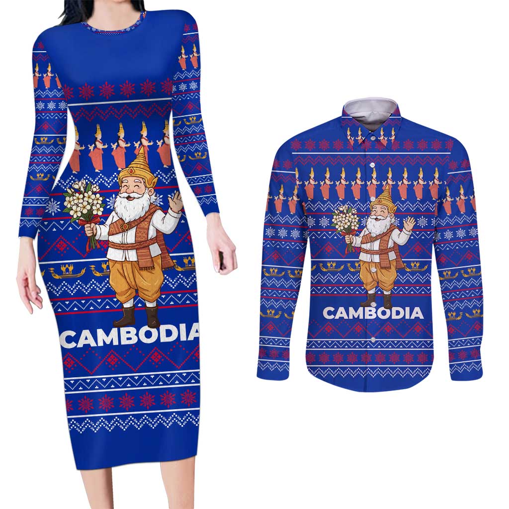 Cambodia Christmas Couples Matching Long Sleeve Bodycon Dress and Long Sleeve Button Shirt with Santa in Traditional Outfit Elephant Dancers and Snowflake Pattern - Wonder Print Shop