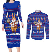 Cambodia Christmas Couples Matching Long Sleeve Bodycon Dress and Long Sleeve Button Shirt with Santa in Traditional Outfit Elephant Dancers and Snowflake Pattern - Wonder Print Shop