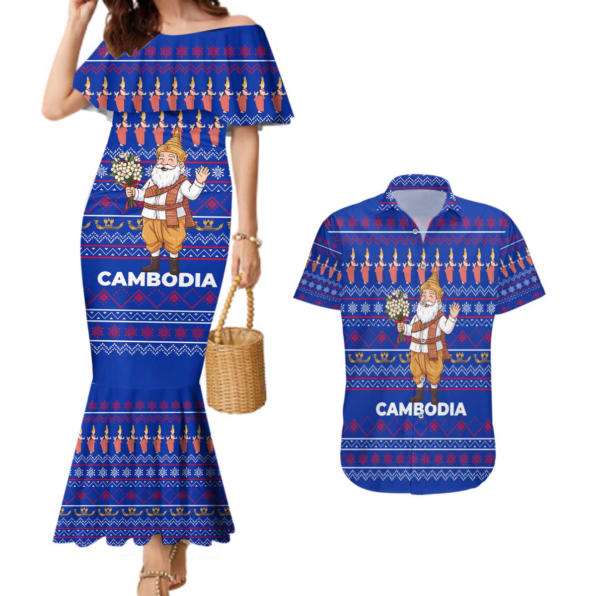 Cambodia Christmas Couples Matching Mermaid Dress and Hawaiian Shirt with Santa in Traditional Outfit Elephant Dancers and Snowflake Pattern - Wonder Print Shop