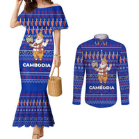 Cambodia Christmas Couples Matching Mermaid Dress and Long Sleeve Button Shirt with Santa in Traditional Outfit Elephant Dancers and Snowflake Pattern - Wonder Print Shop