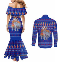 Cambodia Christmas Couples Matching Mermaid Dress and Long Sleeve Button Shirt with Santa in Traditional Outfit Elephant Dancers and Snowflake Pattern - Wonder Print Shop