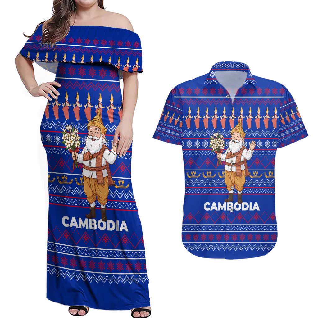 Cambodia Christmas Couples Matching Off Shoulder Maxi Dress and Hawaiian Shirt with Santa in Traditional Outfit Elephant Dancers and Snowflake Pattern - Wonder Print Shop