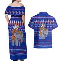 Cambodia Christmas Couples Matching Off Shoulder Maxi Dress and Hawaiian Shirt with Santa in Traditional Outfit Elephant Dancers and Snowflake Pattern - Wonder Print Shop