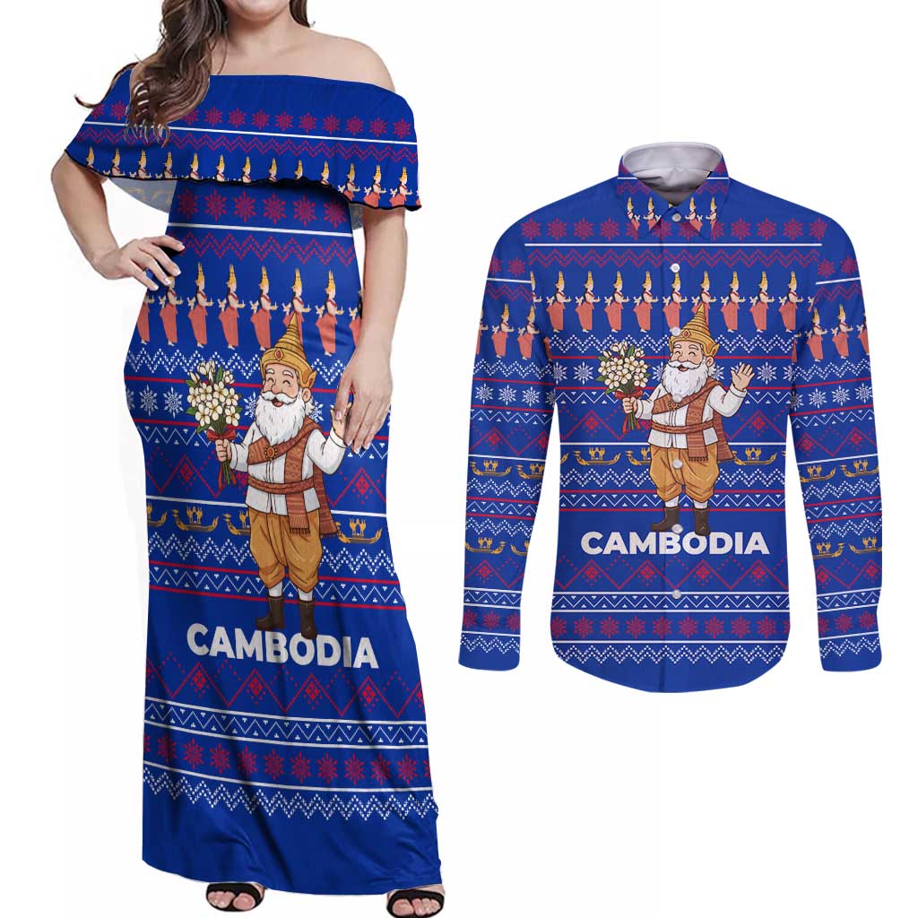 Cambodia Christmas Couples Matching Off Shoulder Maxi Dress and Long Sleeve Button Shirt with Santa in Traditional Outfit Elephant Dancers and Snowflake Pattern - Wonder Print Shop