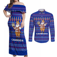 Cambodia Christmas Couples Matching Off Shoulder Maxi Dress and Long Sleeve Button Shirt with Santa in Traditional Outfit Elephant Dancers and Snowflake Pattern - Wonder Print Shop