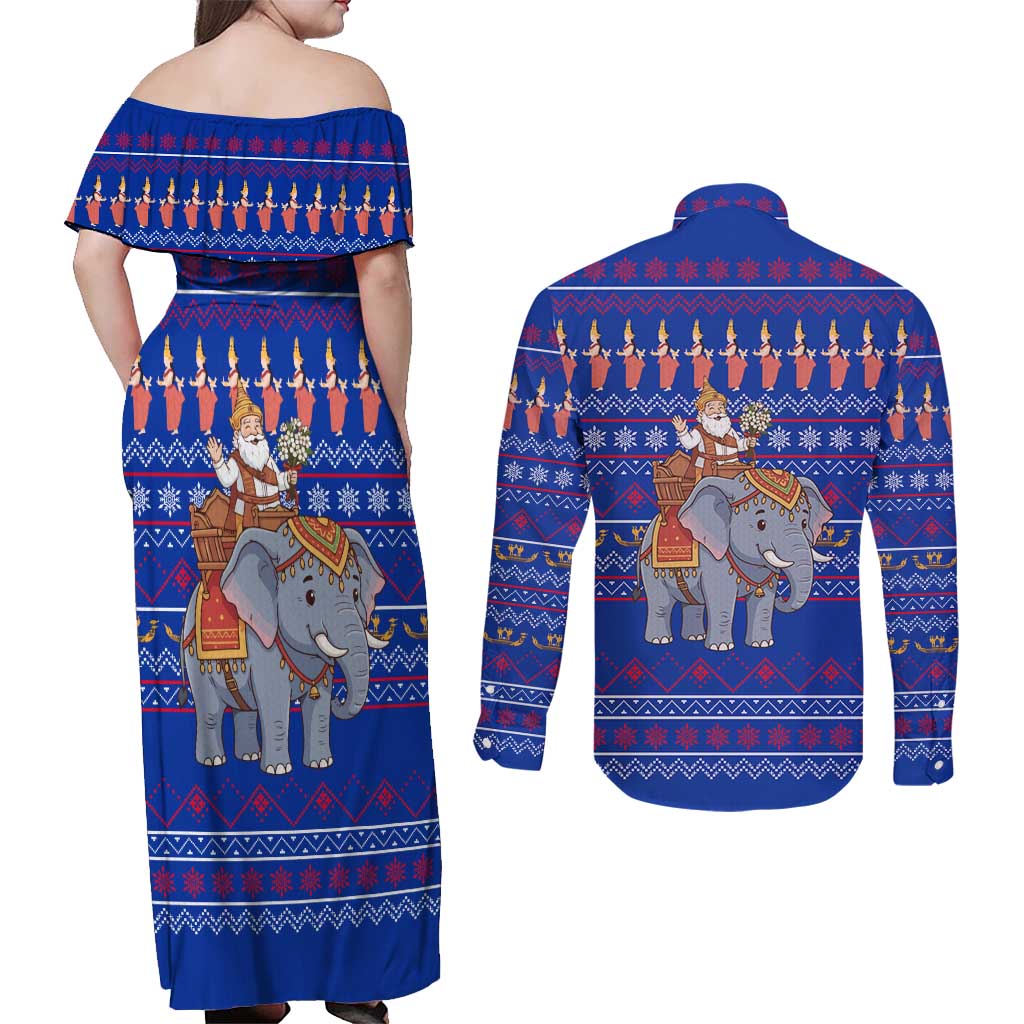 Cambodia Christmas Couples Matching Off Shoulder Maxi Dress and Long Sleeve Button Shirt with Santa in Traditional Outfit Elephant Dancers and Snowflake Pattern - Wonder Print Shop