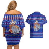Cambodia Christmas Couples Matching Off Shoulder Short Dress and Hawaiian Shirt with Santa in Traditional Outfit Elephant Dancers and Snowflake Pattern - Wonder Print Shop