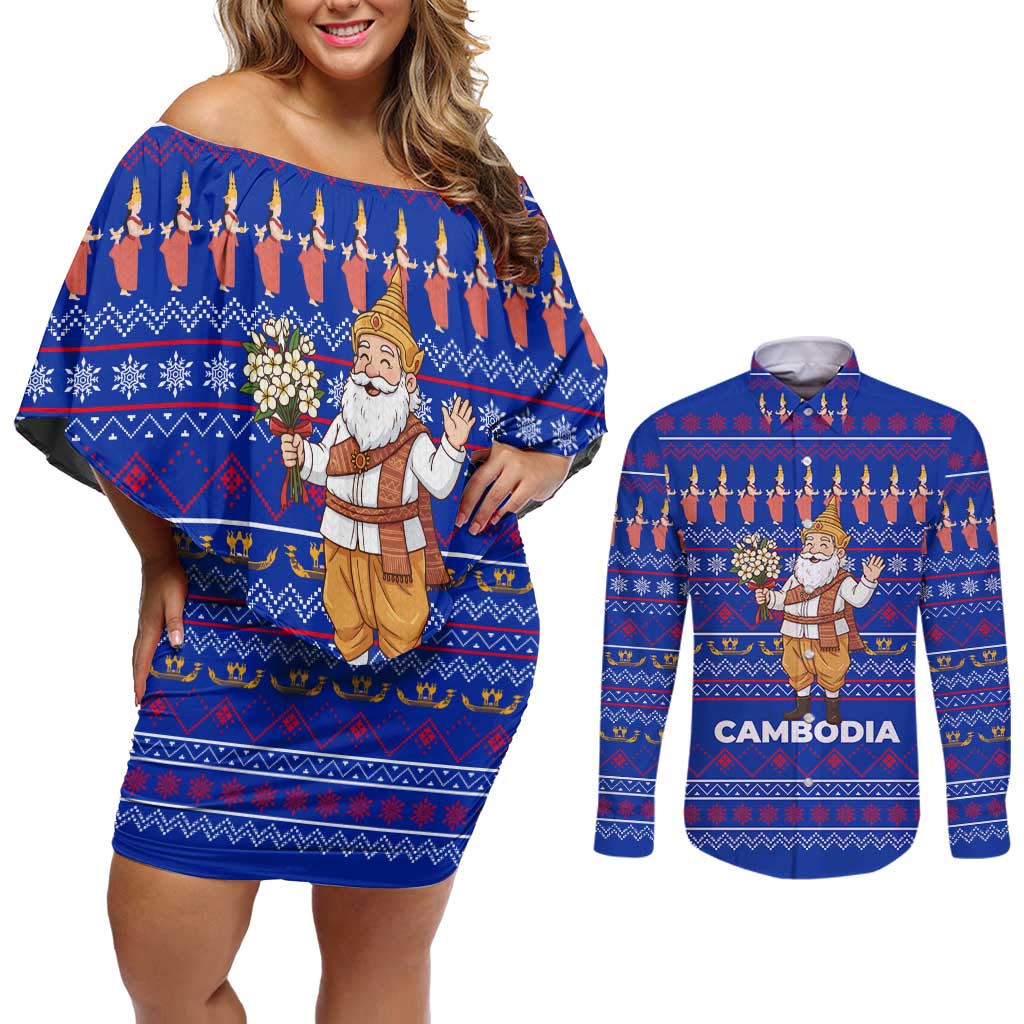 Cambodia Christmas Couples Matching Off Shoulder Short Dress and Long Sleeve Button Shirt with Santa in Traditional Outfit Elephant Dancers and Snowflake Pattern - Wonder Print Shop