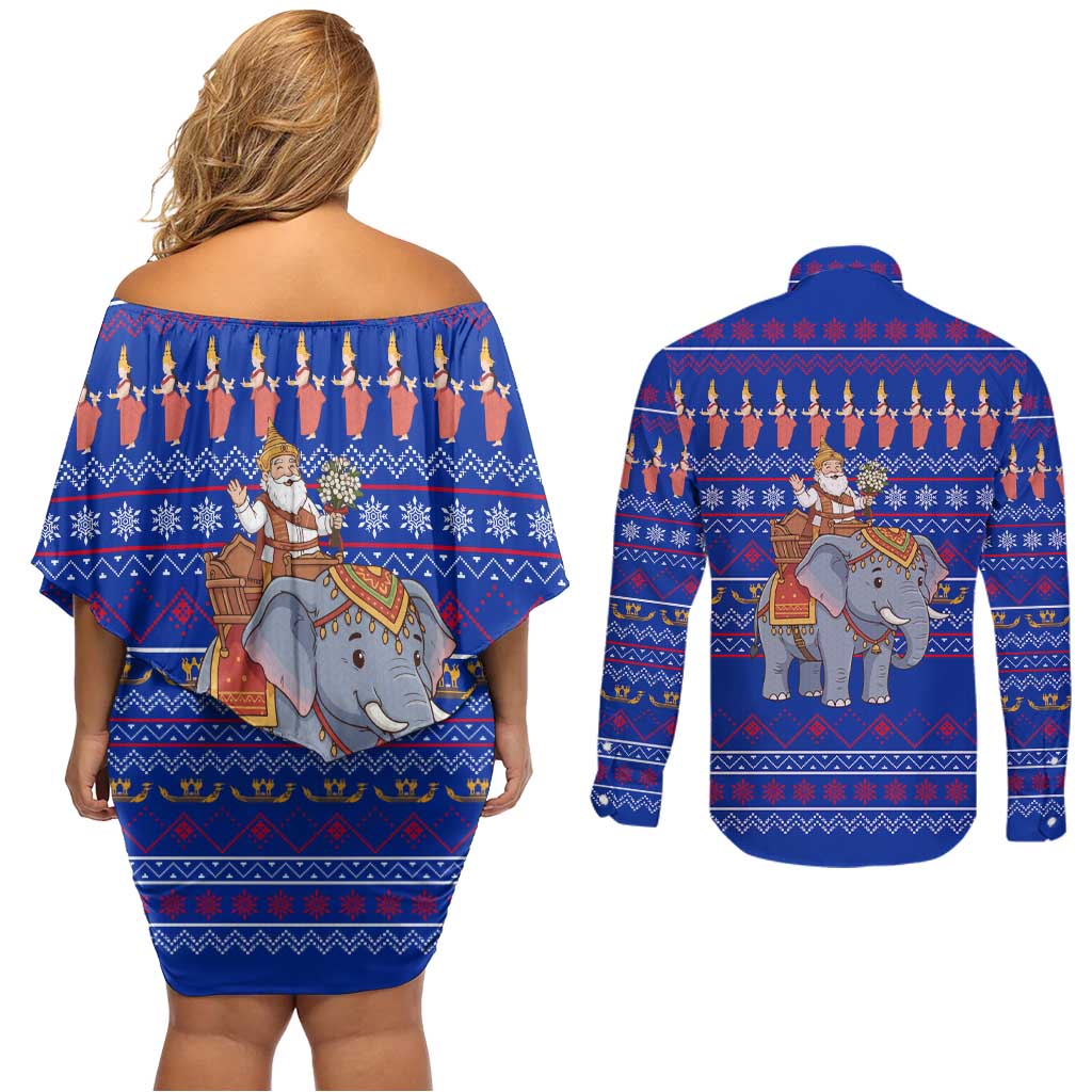 Cambodia Christmas Couples Matching Off Shoulder Short Dress and Long Sleeve Button Shirt with Santa in Traditional Outfit Elephant Dancers and Snowflake Pattern - Wonder Print Shop