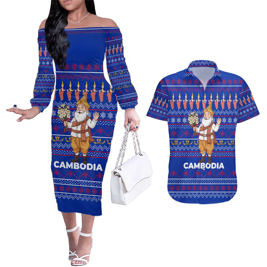 Cambodia Christmas Couples Matching Off The Shoulder Long Sleeve Dress and Hawaiian Shirt with Santa in Traditional Outfit Elephant Dancers and Snowflake Pattern - Wonder Print Shop